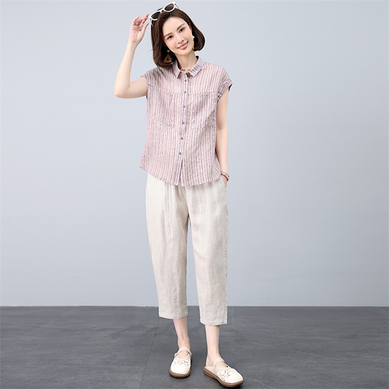 时尚套装女2025年新款夏装搭配一整套洋气减龄妈妈棉麻裤子两件套,女装套装/套裙,江忆布依