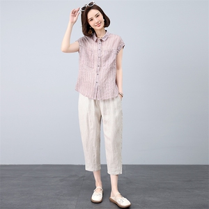 时尚套装女2025年新款夏装搭配一整套洋气减龄妈妈棉麻裤子两件套图片