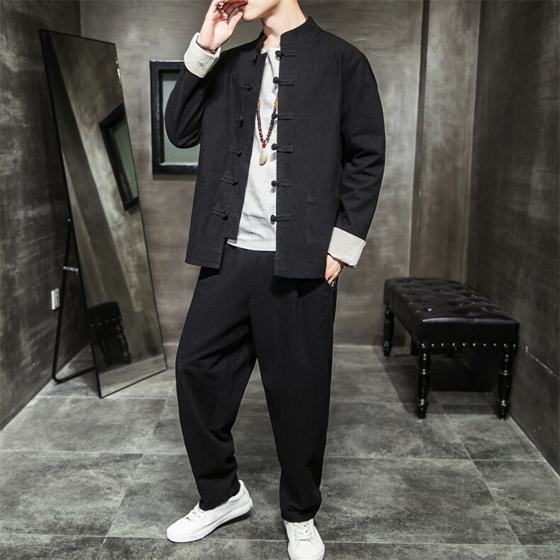 A79P105室内风2024秋季新款汉服风麒麟刺绣套装长裤长袖,男装休闲套装,电商A026