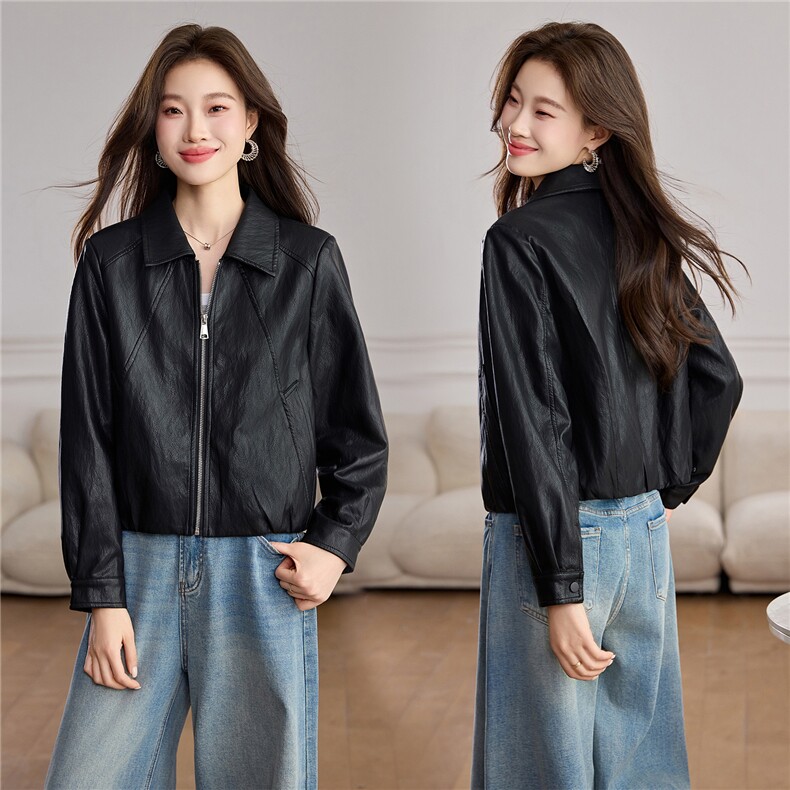 洋气减龄翻领皮衣外套女2026春秋新款宽松休闲小个子短款夹克上衣,女装皮衣,潮流依族