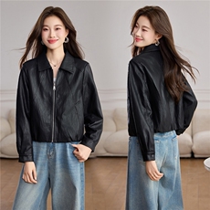 洋气减龄翻领皮衣外套女2026春秋新款宽松休闲小个子短款夹克上衣，女装皮衣，潮流依族