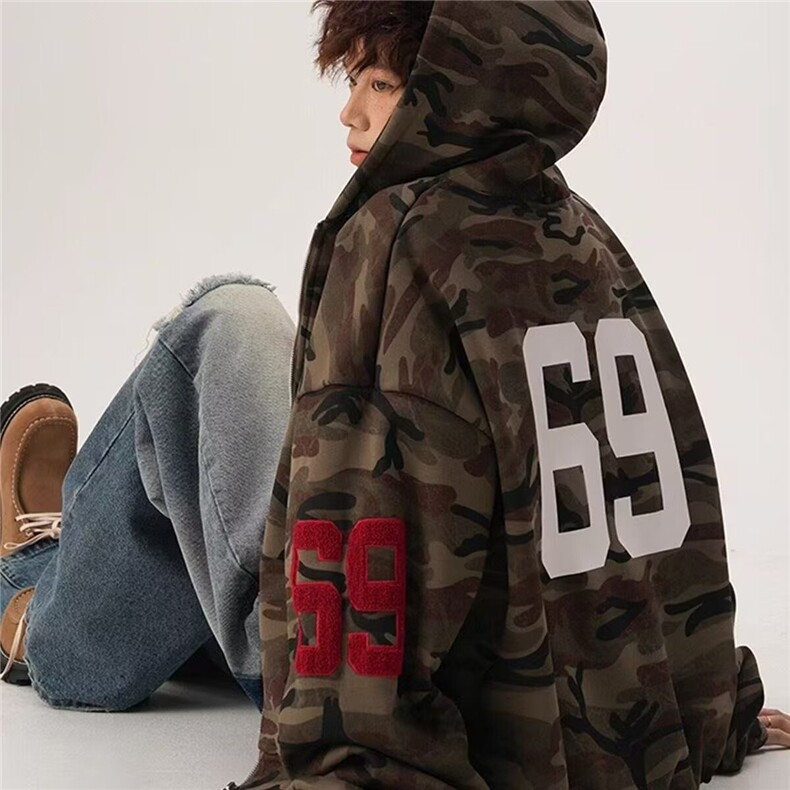 美式刺绣迷彩开衫连帽卫衣男女春季潮牌情侣拉链外套宽松百搭上衣，女装短外套，星座813-2