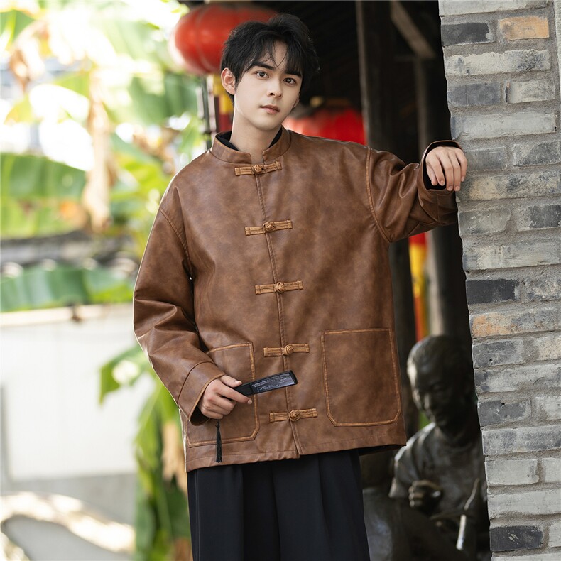 新中式PU皮复古盘扣小众设计感手工擦皮工艺立领唐装外套JK205，男装民族服装，星座305A（原312A-1）