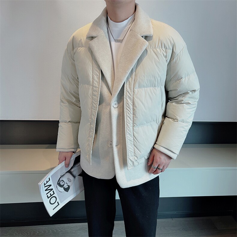 冬季高品质棉服男设计感毛呢拼接西装领假两件保暖棉服M125-P170，男装西服套装，电商B267