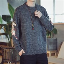 9056*咖啡厅中国风男士秋冬麒麟绣花毛衣针织衫男黑色全身*P75，男装针织衫/毛衣，星座1516（原B303）