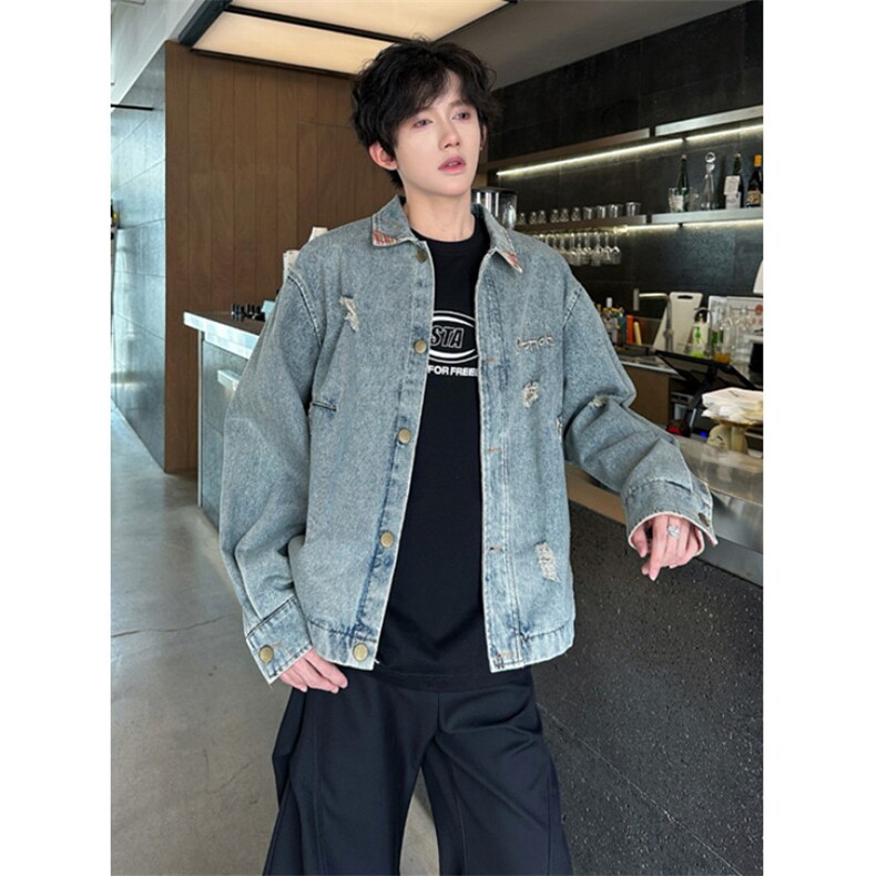 美式做旧水洗撞色牛仔外套男女设计感衣角撞色宽松夹克JK8222,男装工装外套,星座1116A（原606A-3）