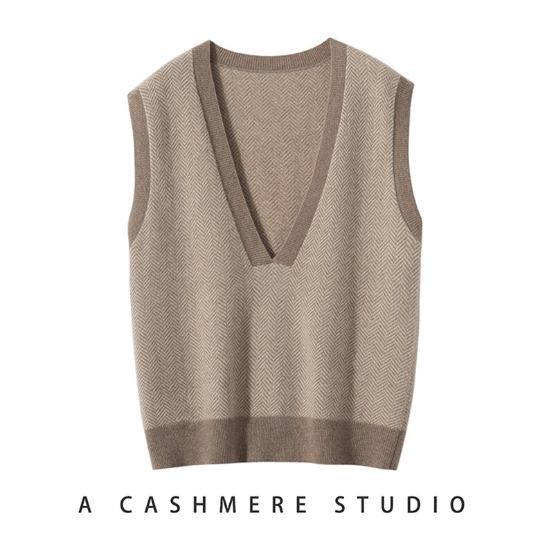 帅气腔调！好搭~针织山羊绒衫女马甲无袖拼色纯羊绒打底衫秋冬，女装马甲，启东羊绒