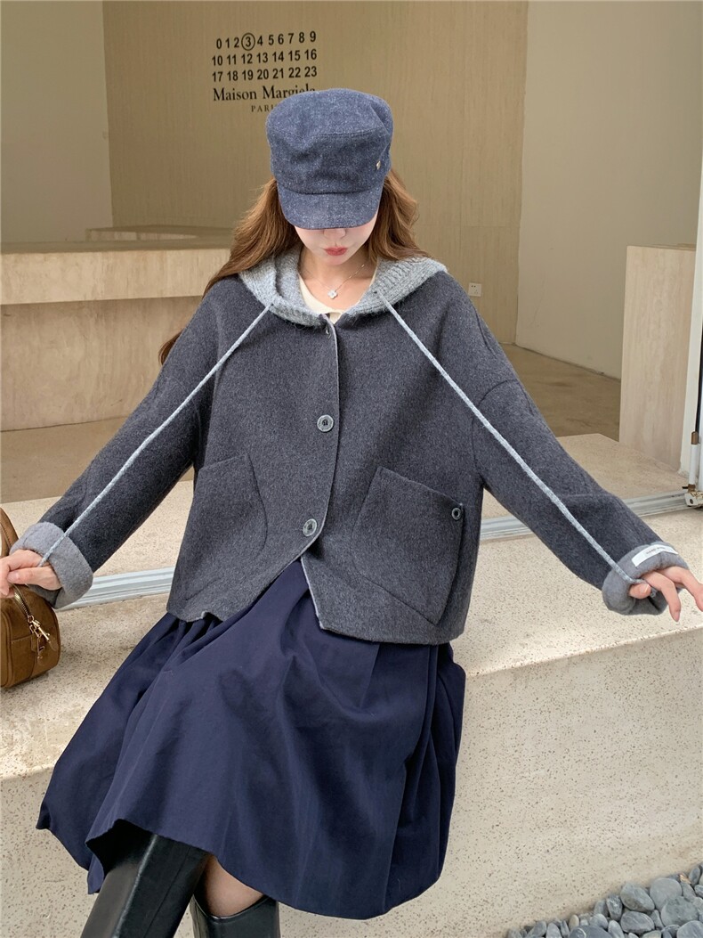 现货新款秋冬新款针织连帽拼接长袖羊绒外套女短款双面羊绒大衣潮,女装羊绒大衣,网红馆