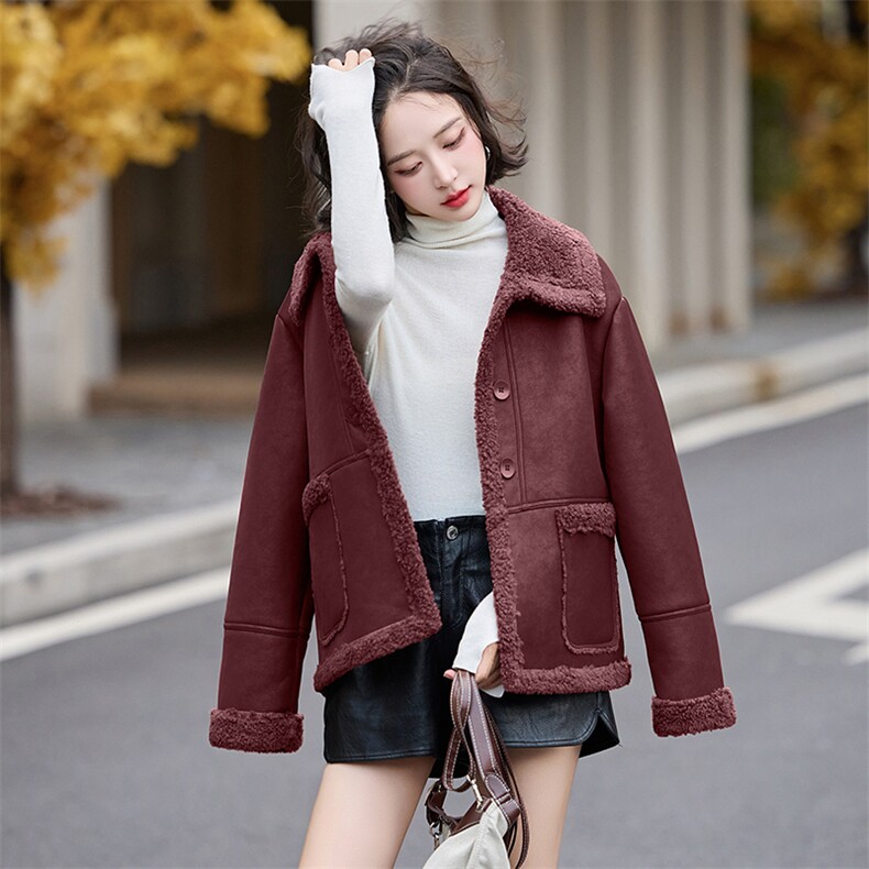 皮毛一体羊羔毛外套女短款2024新款秋冬季加绒机车服加厚皮夹克,女装羊羔毛/颗粒绒,跑量工厂店