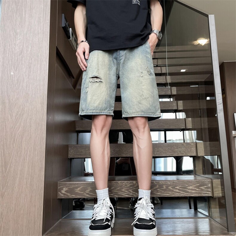 牛仔短裤男美式复古宽松中裤街头百搭五分裤RS230P36,男装牛仔裤,星座1013-1