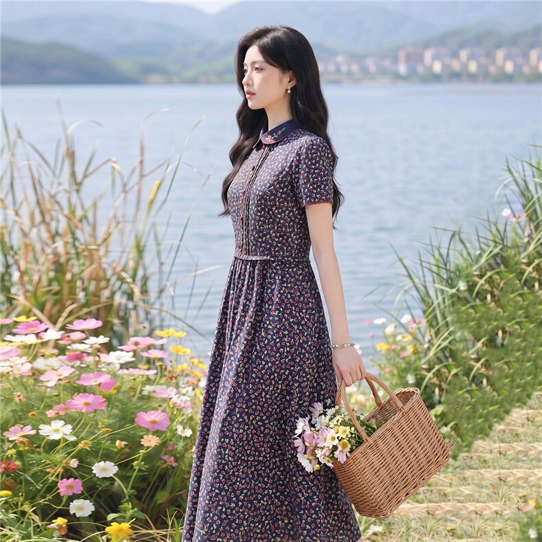 田园风碎花刺绣连衣裙女春夏收腰显瘦中长裙,女装连衣裙,水衣源