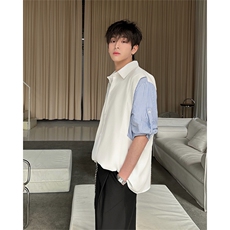 春夏新款假两件宽松拼接飞肩设计感假两件条纹短袖衬衫卫衣特P39，男装T恤，电商B319