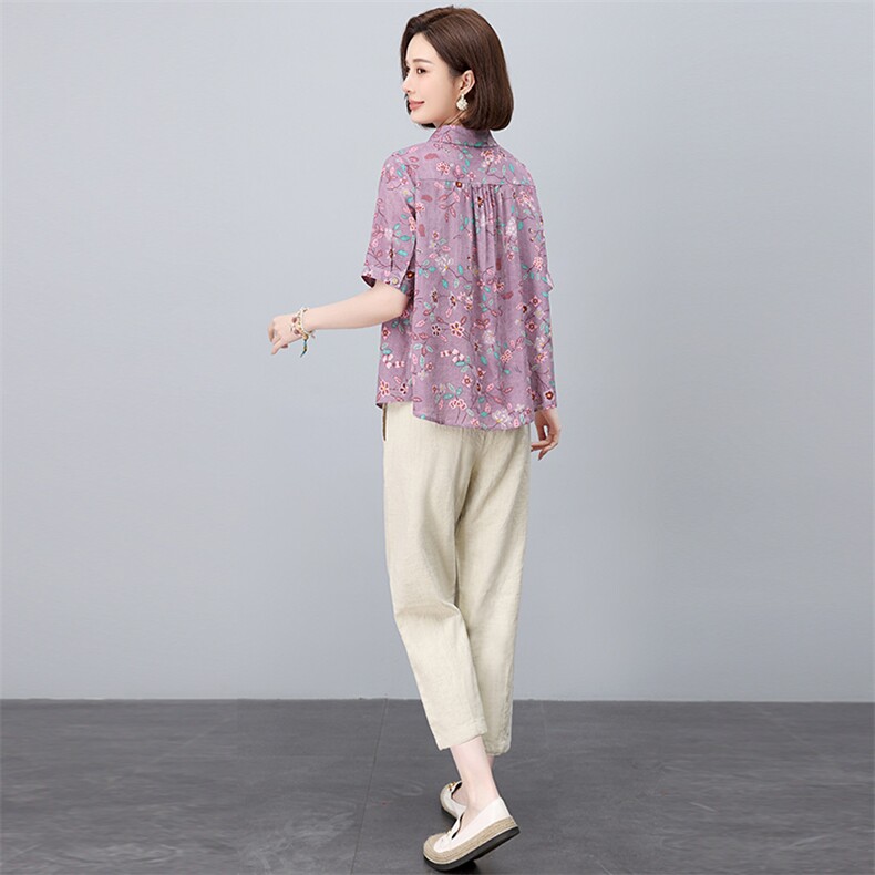 时尚印花衬衫棉麻套装女2025夏季新款中年妈妈洋气减龄亚麻两件套,女装套装/套裙,依恋蒂丝