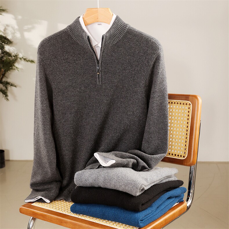 秋冬季男士简约休闲百搭半高领纯色山羊绒羊绒衫男装，男装羊绒套衫，米田羊绒