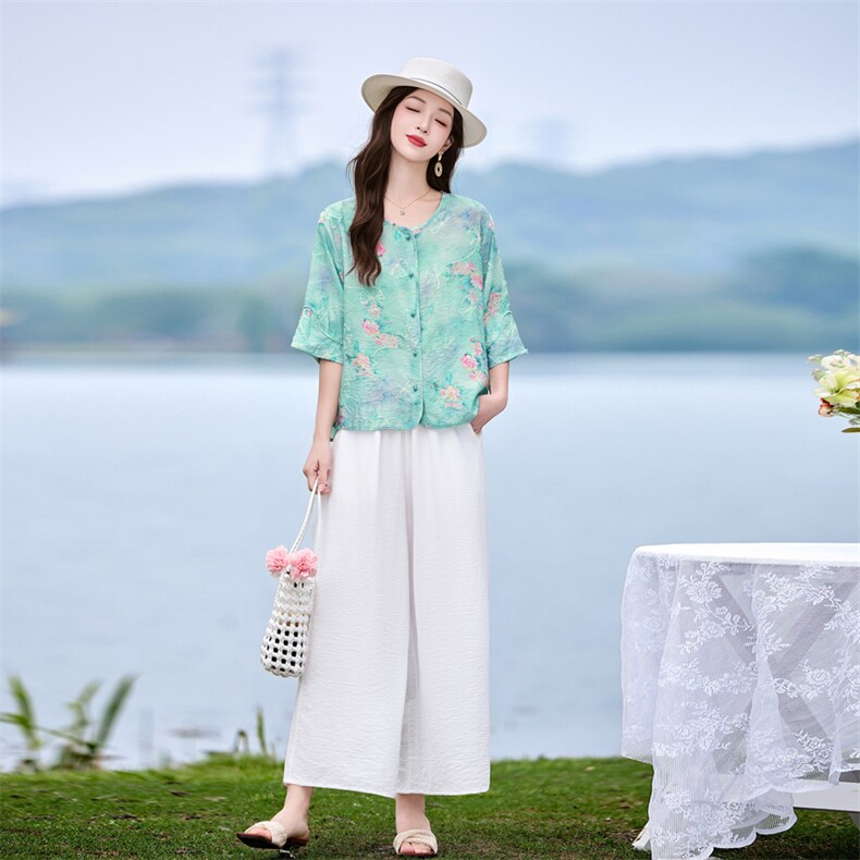 时尚洋气刺绣棉麻套装女2026夏季新款宽松遮肉显瘦阔腿裤两件套,女装套装/套裙,魅影