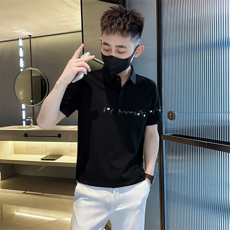 2023花朵刺绣夏季短袖T恤翻领Polo衫小伙风时尚半袖T0264-P50,男装T恤,电商D342