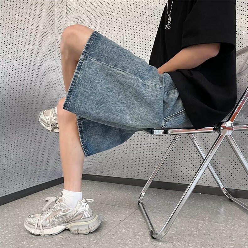 做旧阔腿牛仔裤男女同款夏季新款五分裤百搭哈伦中裤宽松潮牌短裤,男装牛仔裤,星座601-2