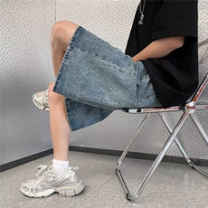 做旧阔腿牛仔裤男女同款夏季新款五分裤百搭哈伦中裤宽松潮牌短裤，男装牛仔裤，星座601-2