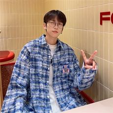 1506/QXX260/P38秋装美式复古宽松百搭长袖格子衬衫扎染外套男，男装衬衫，星座1506