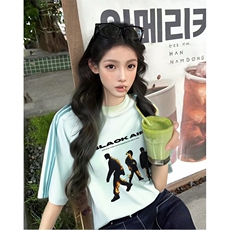 抖音得物品质二开240克宽松纯棉美式潮牌印花三条杠中性风短袖T恤，男装T恤，电商A486-1