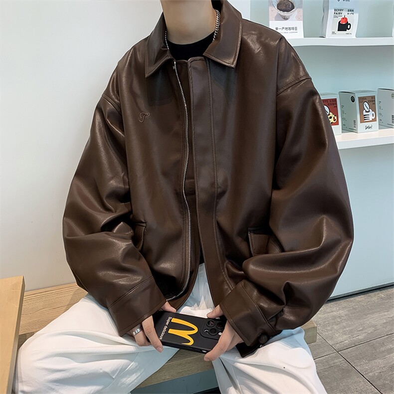 港风秋款男皮衣翻领刺绣图案休闲夹克外套JK9272 P70图片