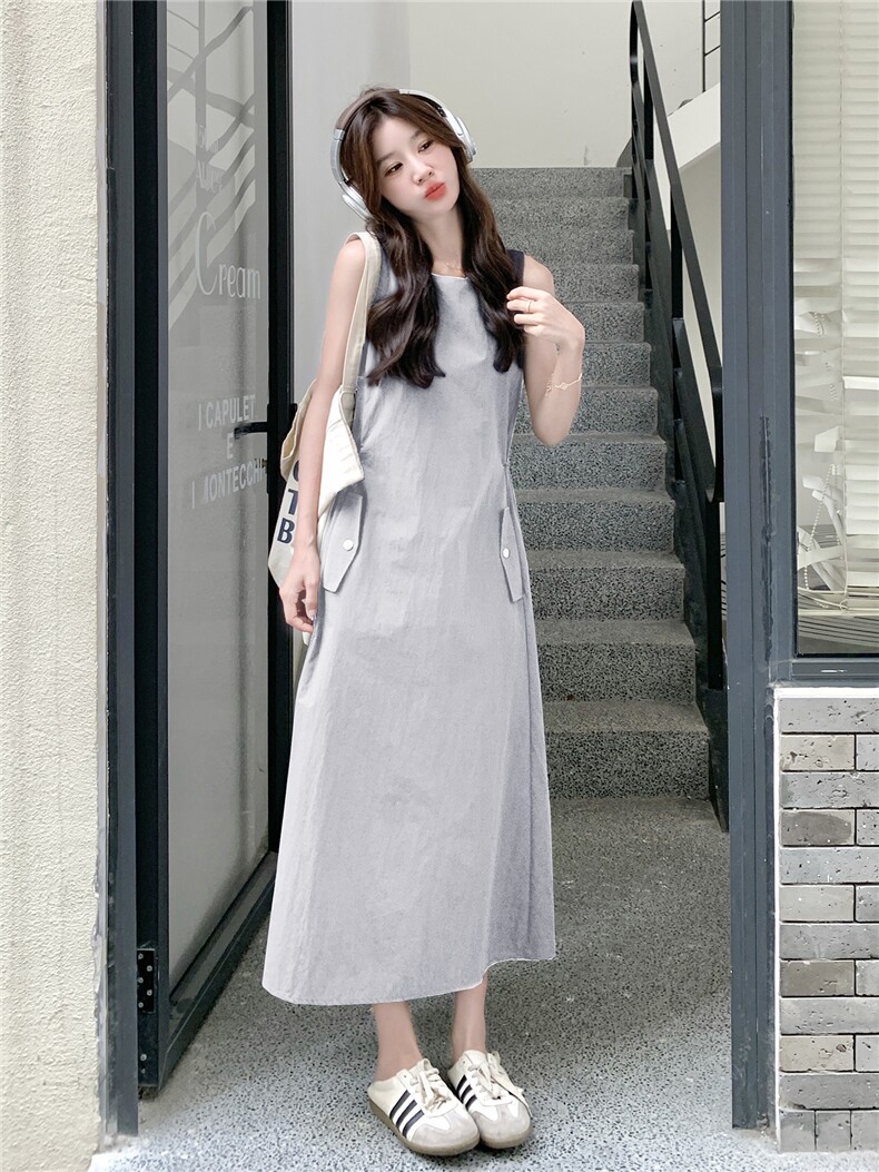 简约休闲显瘦背心连衣裙女2025年夏季新款韩系收腰无袖百搭长裙子,女装连衣裙,琦鑫阁（原依鑫阁）