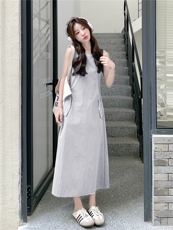 简约休闲显瘦背心连衣裙女2025年夏季新款韩系收腰无袖百搭长裙子，女装连衣裙，琦鑫阁（原依鑫阁）