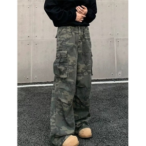 褶皱多口袋水洗迷彩工装裤男女街头直筒堆积感阔腿裤子 K0915图片