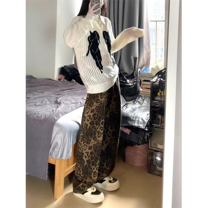 高街豹纹裤子男女宽松阔腿牛仔裤男秋季新款美式休闲裤LA1099-P46,男装牛仔裤,星座1008