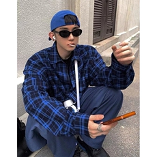 蓝色格子长袖衬衫男女款2026春夏秋季高级感格纹衬衣外套CS380，男装衬衫，星座1116A（原606A-3）
