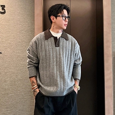 老钱风假两件撞色POLO领毛衣百搭慵懒风潮男翻领高智感针织毛衫，男装针织衫/毛衣，星座218-8