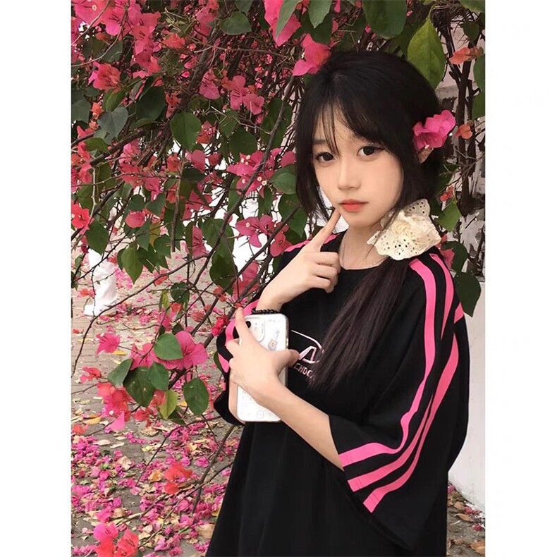 日系气质文艺无品牌韩版撞色三条杠短袖t恤女夏上衣潮流新款原宿图片