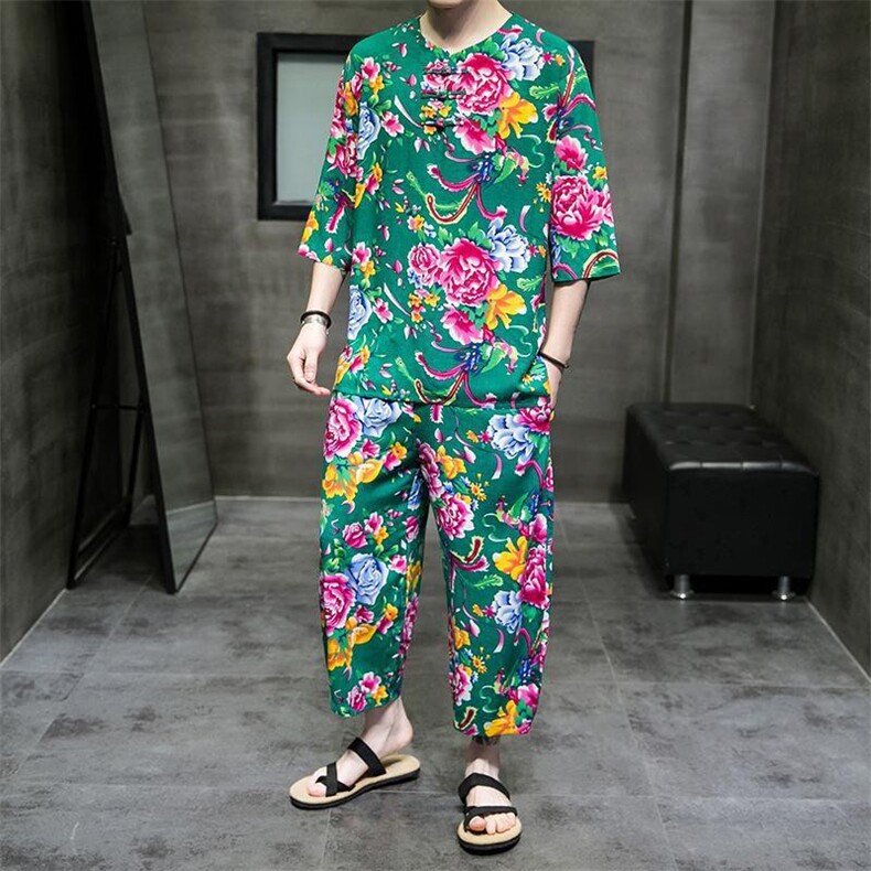 TZ340男女休闲东北大花棉麻套装薄纱透气可睡衣团队服凉爽,男装休闲套装,星座115A(原星座507）