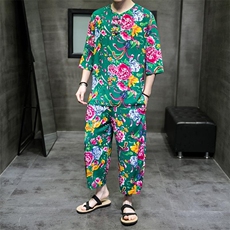 TZ340男女休闲东北大花棉麻套装薄纱透气可睡衣团队服凉爽，男装休闲套装，星座115A(原星座507）