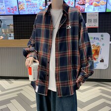 C83潮牌宽松酒红色格子衬衫男女情侣街头流行通勤长袖衬衣薄外套，男装衬衫，星座115A(原星座507）