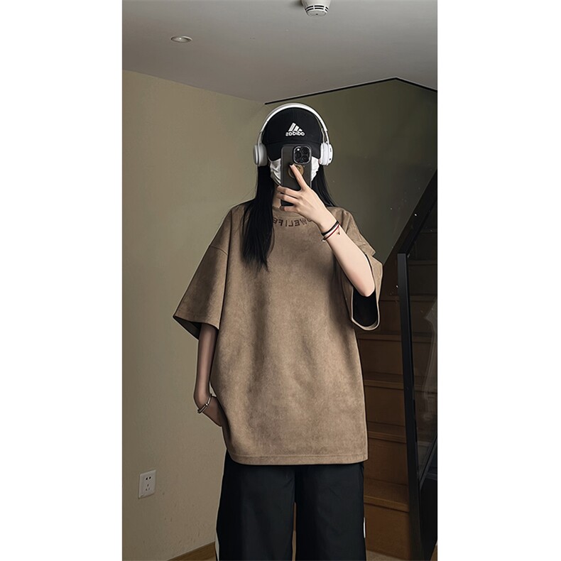 港风大码日系复古麂皮绒宽松套头圆领短袖T恤XZ213-T062-P35控48,男装T恤,星座213