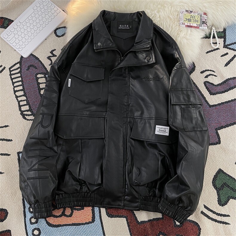 港风秋冬款男棒皮夹克工装大口袋皮衣字母刺绣休闲外套JK082P95,男装夹克,星座1013-1