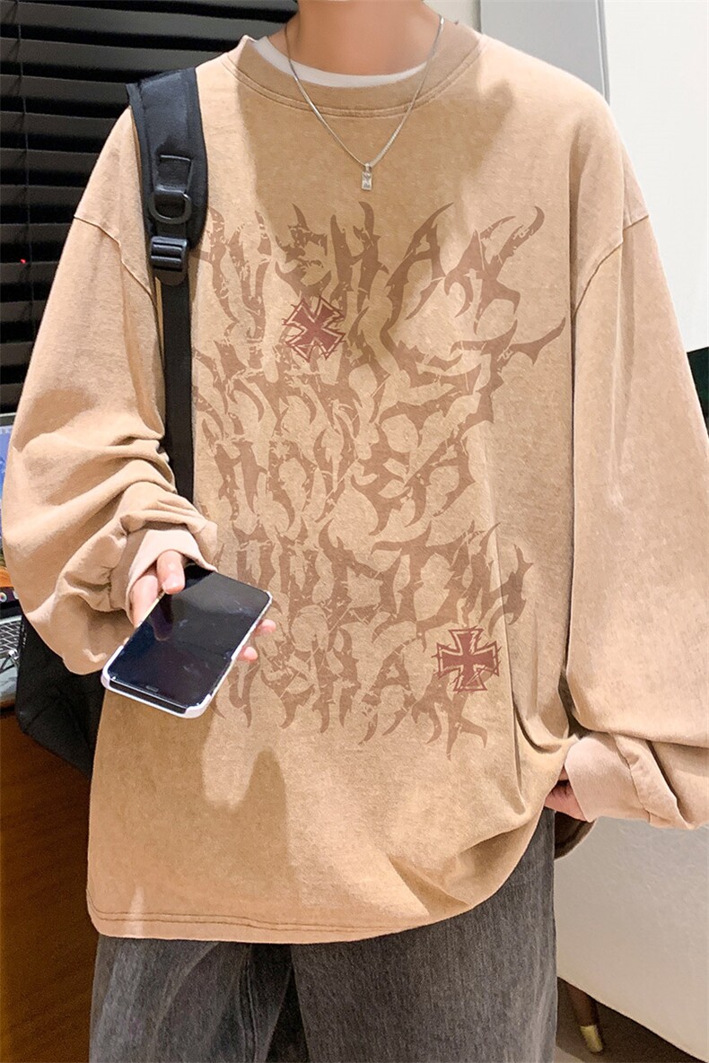 抖音供货、秋季现货水洗棉宽松重磅长袖T恤D223A-ST2384-特P38,男装T恤,电商019-1