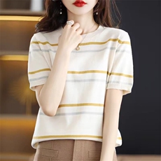 时尚百搭纯棉彩条短袖针织衫修身显瘦圆领毛衣女款，女装针织衫/毛衣，桦兴羊绒