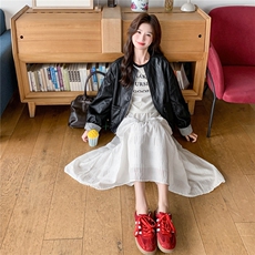 甜酷风条纹拼接黑色皮衣外套女春秋2025新款小个子机车服PU皮夹克，女装皮衣，2C217