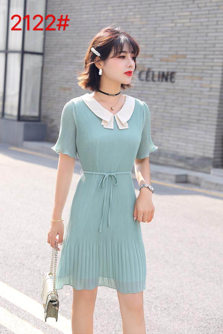 蝴蝶领系腰显瘦压驺连衣裙，女装连衣裙，罗兰春天