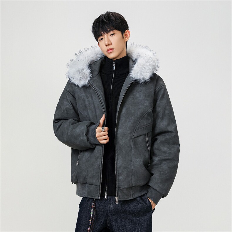 现货 扎染PU皮棉服男冬季加厚连帽棉衣座山雕大毛领外套M090-P120图片