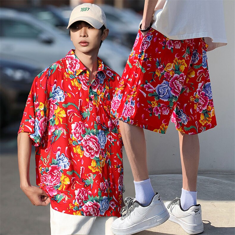 TZP风东北大花汉服套装polo衫短裤大码花TEE套装团队服休闲装,男装休闲套装,星座115A(原星座507）