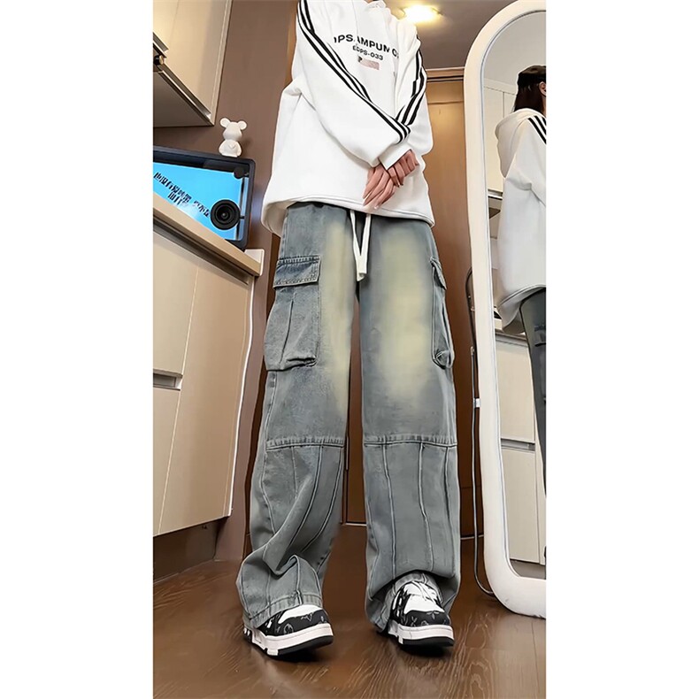 美式复古高街裤子男秋季新款水洗大口袋工装牛仔裤-A1158TP55控85图片
