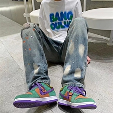 美式破洞牛仔裤男夏季直筒港风涂鸦高街ins潮流阔腿长裤N8771-p45，男装牛仔裤，星座1008-1