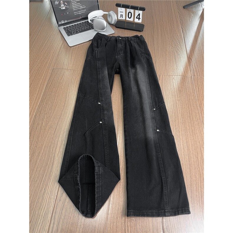 B221 美式ins高街暗黑拼接铆钉宽松直筒牛仔裤LK26642-特P45控78图片