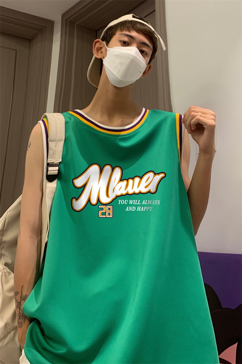 港风纯棉夏季休闲拼色螺纹印花网眼篮球背心男女T6928P35控48,男装背心/马甲,电商A268A