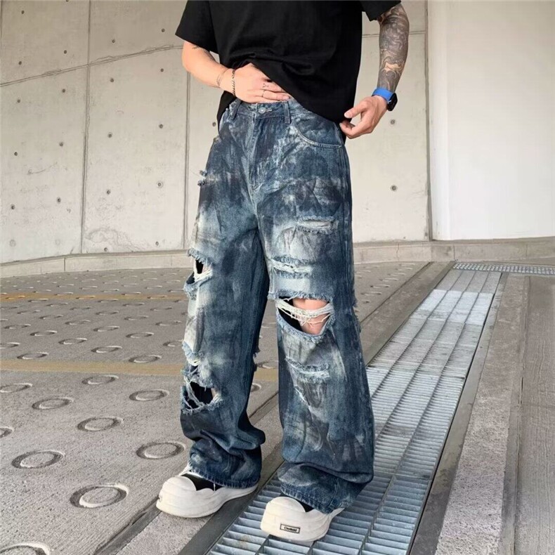 美式复古做旧破洞牛仔裤男2025夏季流行单品新款宽松直筒阔腿,男装牛仔裤,星座218-1（原230）