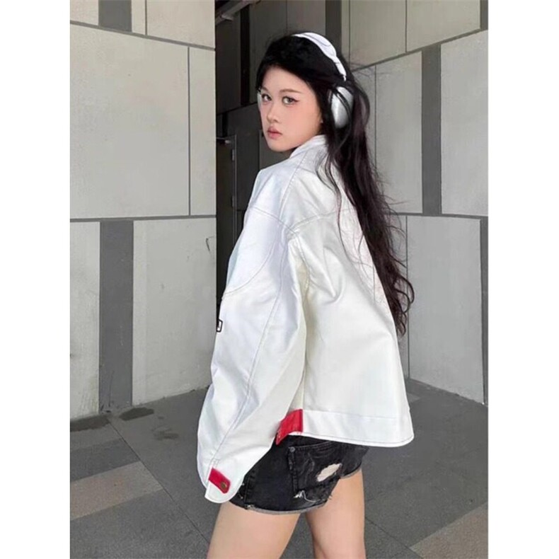 白色短款皮衣外套美式穿搭高级感机车夹克棒球服JK158特P67,男装夹克,星座908-1