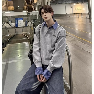 W07-P48 衬衫领假两件卫衣男春秋季设计感松弛感风长袖T恤打底衫图片